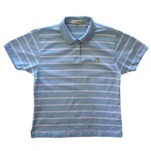 Magnolia Lane Masters Logo Pima Cotton Youth Golf Polo Shirt Blue Striped Size M